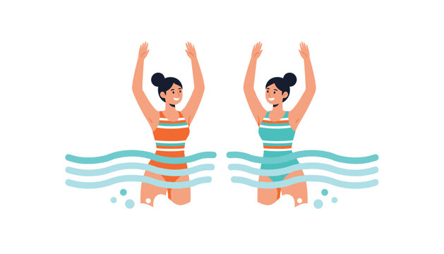 Two female athletes performing synchronized swimming in striped swimsuits with arms raised in blue wavy water.