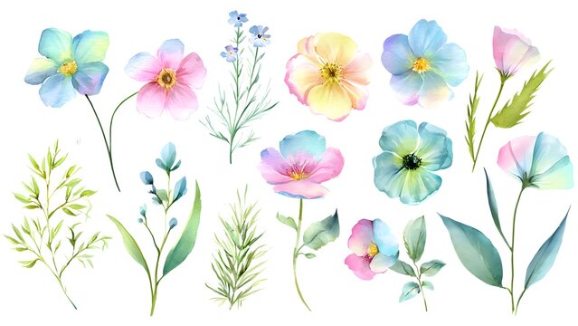 Vibrant Watercolor Wildflowers Array in Soft Pastels on White