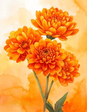 Vibrant Orange Chrysanthemums Watercolor Bouquet