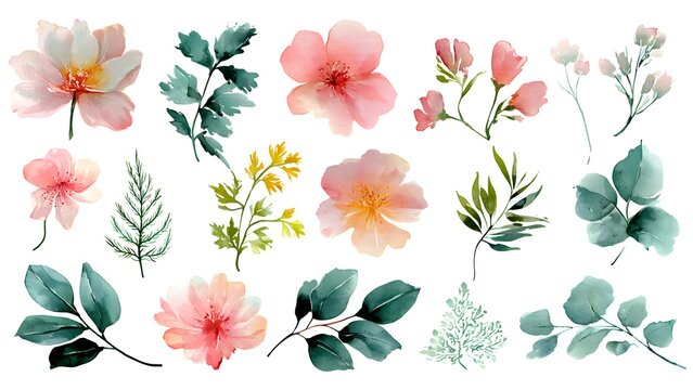 Soft Pink Flower Bouquets and Green Leaves Watercolor Set