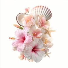Fototapeta premium Tropical floral arrangement with seashells and starfish on a white background