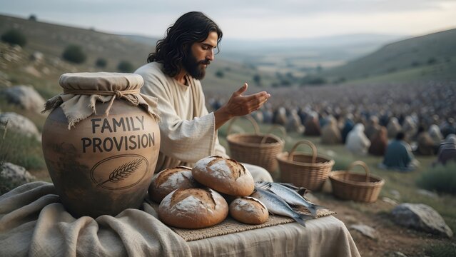 Jesus blessing five loaves and two fish beside a sealed household storage jar marked for family provision