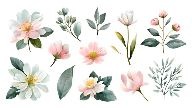Delicate Watercolor Pink White Flowers and Green Foliage Arrangement