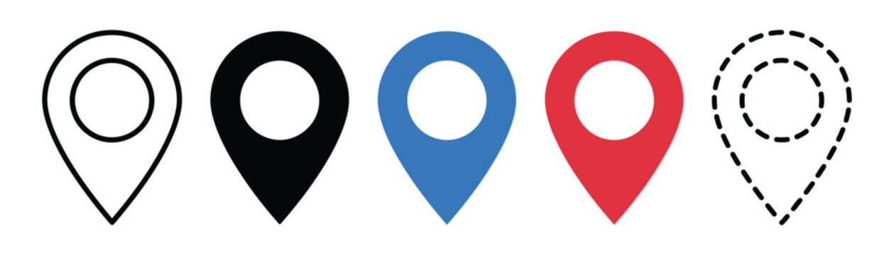 Location pin icons set outline solid blue solid red and dashed versions
