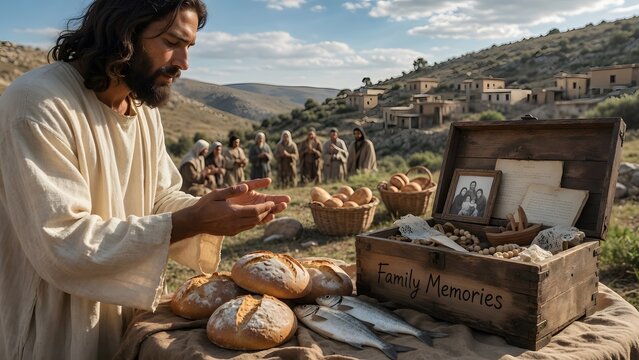 Jesus blessing five loaves and two fish beside a small family memory box containing simple household keepsakes
