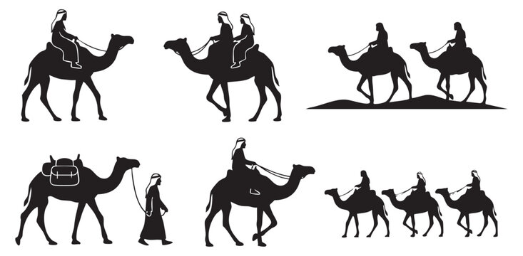 Camel Caravan Silhouette Vector Collection, Arabian Desert Travel, Bedouin Rider, Nomadic Journey, Pack Camel, Traditional Middle East Transportation Icons Isolated on White Background