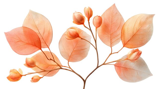 Delicate Peach Leaves and Buds on Thin Branch in Soft Sunset Hues