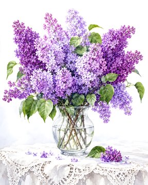 ガラスの花瓶に生けた満開のライラックの花束の水彩イラスト。白いレースのテーブルクロスに散る紫の花びら。春のボタニカルアート