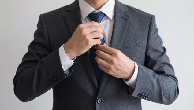 Man adjusts a blue tie in a grey suit jacket for a professional appearance