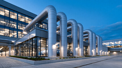 Fototapeta premium A photo of a modern water utility plant, a clear blue sky just after dawn occupying most of the frame, bright natural lighting