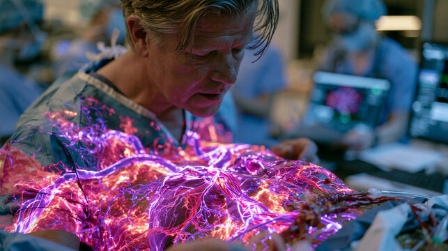 Anesthesiologist using augmented reality surgical guidance overlay projected onto a patient torso in a sterile operating suite, real-time organ depth mapping assisting catheter insertion while circu