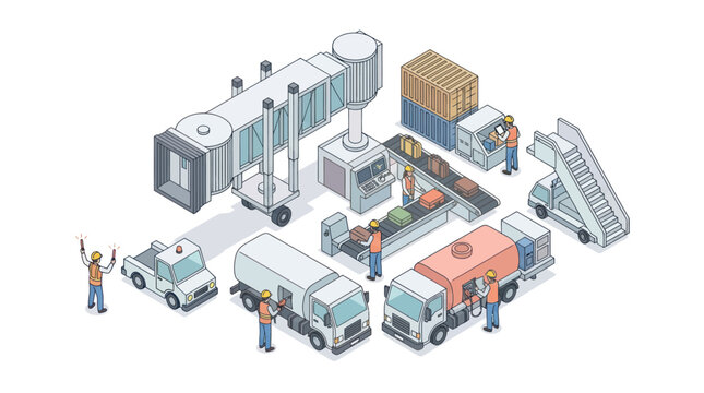 Airport Ground Support Equipment and Jet Bridge Isometric View.