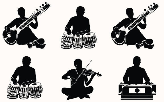 Collection of indian classical musicians with sitar, tabla, violin, and harmonium