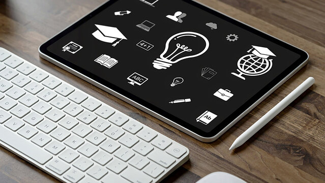 Modern digital learning environment with tablet displaying educational icons, keyboard, and stylus for remote study and online courses