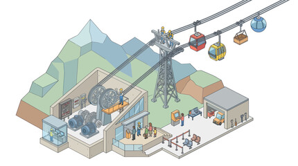 Isometric illustration of a bustling cable car station with multiple gondolas. © Fais