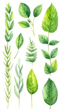 Fresh Green Leaves and Branches Watercolor Study