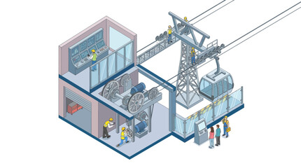 Isometric illustration of a cable car station with people and machinery. © Fais