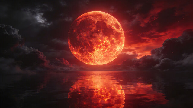 Glowing red moon over water