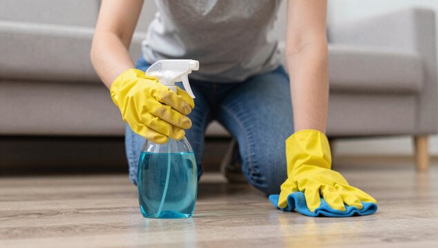 Woman in yellow gloves cleaning wooden floor with spray bottle and blue cloth
