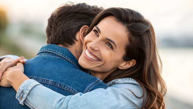 The power of two. Close up of a brunette woman, who is hugging her husband in denim jacket from the back, both are smiling and looking in the camera.