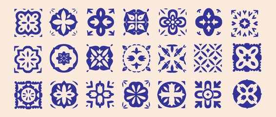 Hand drawn blue ceramic tile collection in simple flat style, decorative Italian Amalfi coast inspired geometric floral ornaments, elegant mediterranean vector patterns for classic home decor © LanaSham