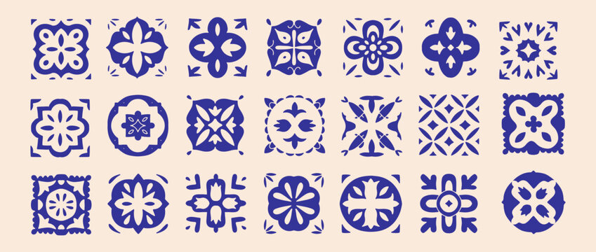 Hand drawn blue ceramic tile collection in simple flat style, decorative Italian Amalfi coast inspired geometric floral ornaments, elegant mediterranean vector patterns for classic home decor