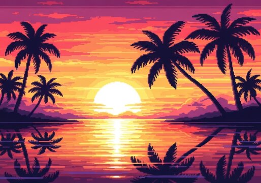 Palm trees at sunset with reflection on water