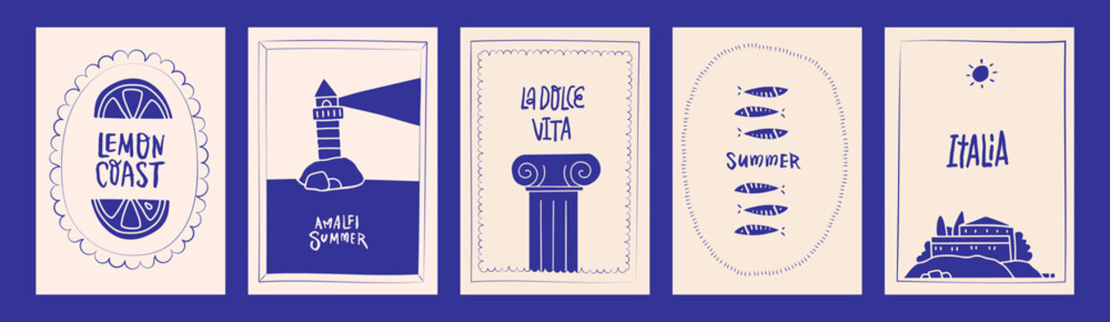Italian summer stamp posters set. Amalfi coast retro wall art. Summer beach vacation prints. Coastal Italy vintage vector flat lighthouse , coastal architecture and sea. Naive vector blue sketches