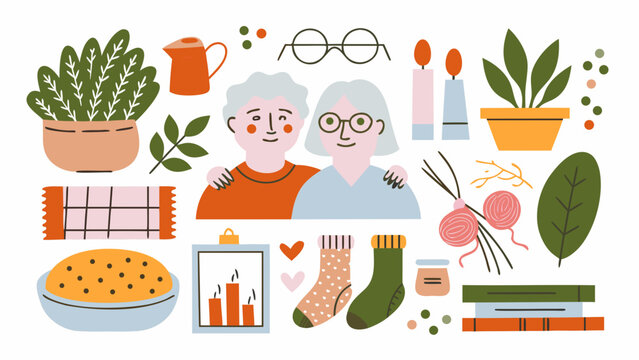 Collection of potted plants people and domestic objects in a colorful vector illustration style arrangement art autumn