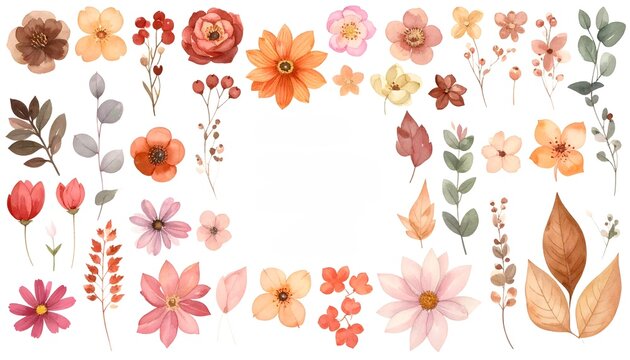 Colorful Watercolor Flower Border Frame Empty Center