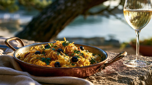 Stock style, ultra realistic, premium commercial food photography of a classic Portuguese bacalhau &agrave; br&aacute;s served in a deep elegant copper pan, shredded salted cod with golden fried