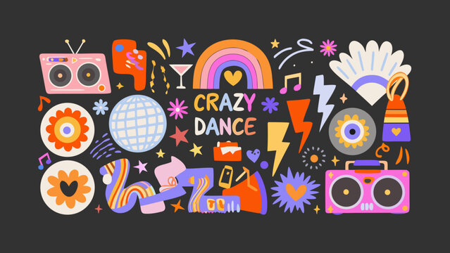 Retro disco themed illustration featuring a boombox cocktail and rainbow against a dark background 1970s cassette player