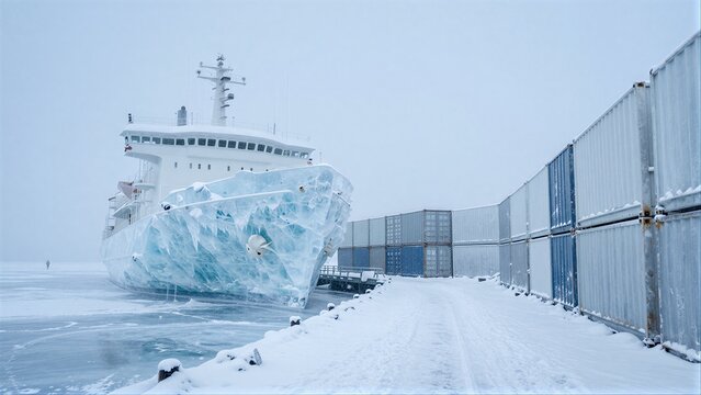 Ice-covered ship docked beside snow-laden containers in a frozen, wintry harbor.