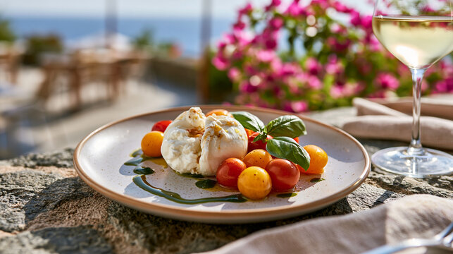 Stock style, ultra realistic, premium commercial food photography of a traditional Italian burrata on a wide shallow ceramic plate, the burrata split open revealing its creamy stra