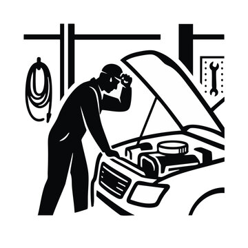 Mechanic repairing overheated car engine in hot garage. Silhouette illustration of automotive service. Vector graphic isolated on transparent background