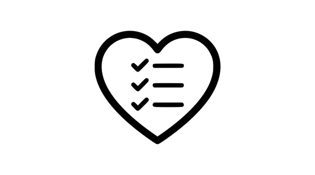 Vector illustration of a heart with a checklist inside, symbolizing wellness goals, favorite things, self-care routines, or task completion for personal organization