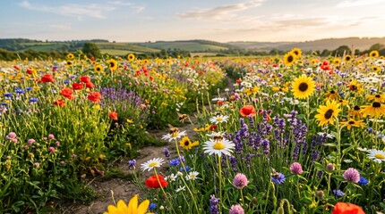 Obraz premium Wildflower Meadow Bloom Sunflowers Lavender Daisies Poppies Honeybees Photography