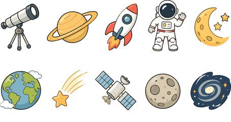Space Exploration Sticker Icon Set   Flat Space Icons Collection   Rocket, Astronaut, Planet, Telescope, Earth, Moon, Satellite   Isolated Vector Style © Rabia