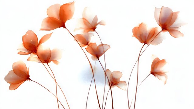 Delicate Coral Flowers on Long Slender Stems Against Bright White Background