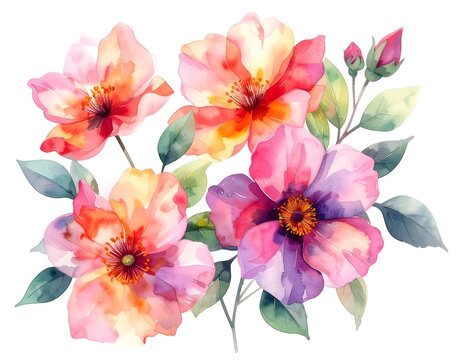 Vibrant Watercolor Flowers Bouquet with Soft Pink Purple Orange Blooms