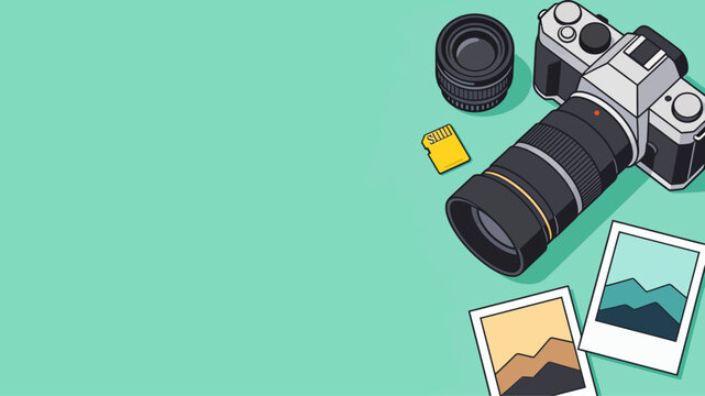 Creative photography equipment and developed photo prints on a teal background, conceptualizing artistic expression and memories