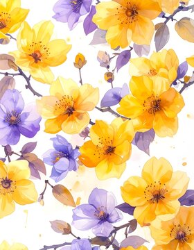 Bright Yellow Orange Flowers with Purple Blossoms on Branches