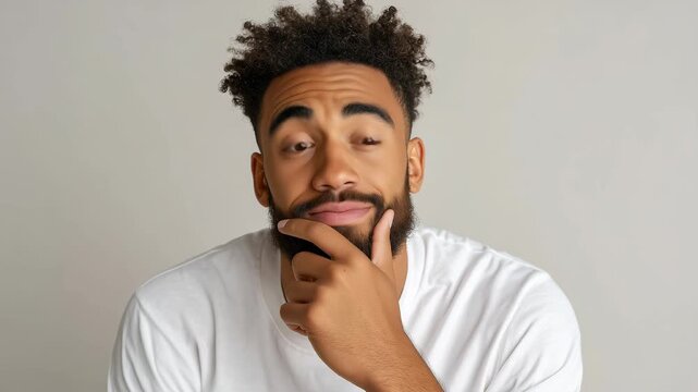 Thoughtful young Black man with beard and curly hair looking at the camera with his hand on his chin against a neutral grey background.