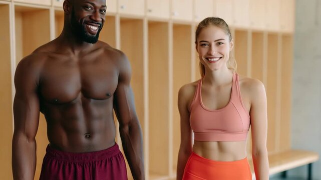 Muscular man and woman smiling together inside locker room