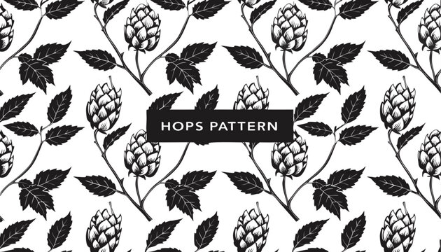 Very beautiful black and white realistic vector illustration of a vintage seamless hops pattern featuring a bold label reading "HOPS PATTERN", repeating hop cones and leaves, elegant engraved botanica
