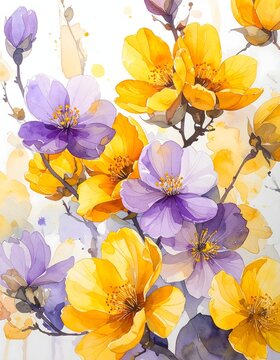 Vibrant Purple and Orange Flowers Watercolor Arrangement