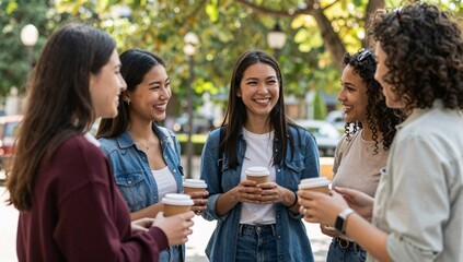 Obraz premium Group of young women enjoy a coffee break while standing outside on a sunny day