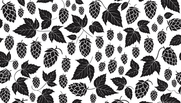 Very beautiful black and white realistic vector illustration of a vintage seamless hops pattern featuring a bold label reading "HOPS PATTERN", repeating hop cones and leaves, elegant engraved botanica