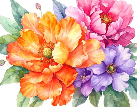 Vibrant Orange Pink and Purple Flowers Bouquet Watercolor