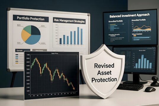 Subject: gold price chart shows price drop beside a shield-shaped portfolio protection model showing revised asset defenses, Environment: wealth preservation office with risk strategy displays and bal